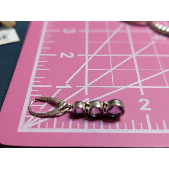 Three Round Graduated Bezel Set Amethyst Gemstone Sterling Lever Back Earrings - Picture 4 of 5